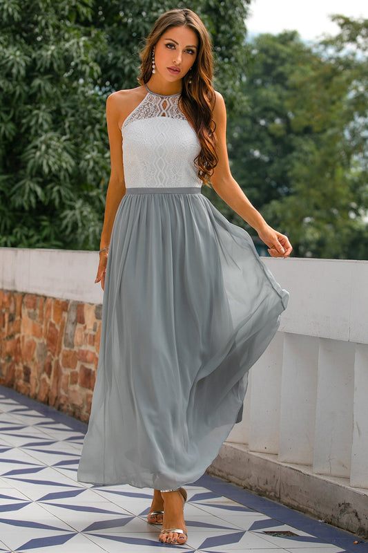 Edeva | Women's Halter Wedding Guest Maxi Dress in Light Gray