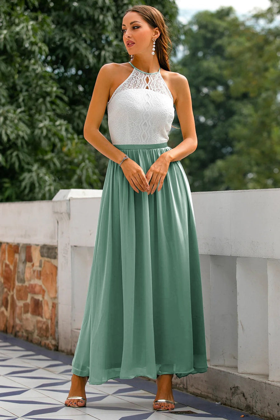 Edeva | Women's Halter Wedding Guest Maxi Dress in Light Green