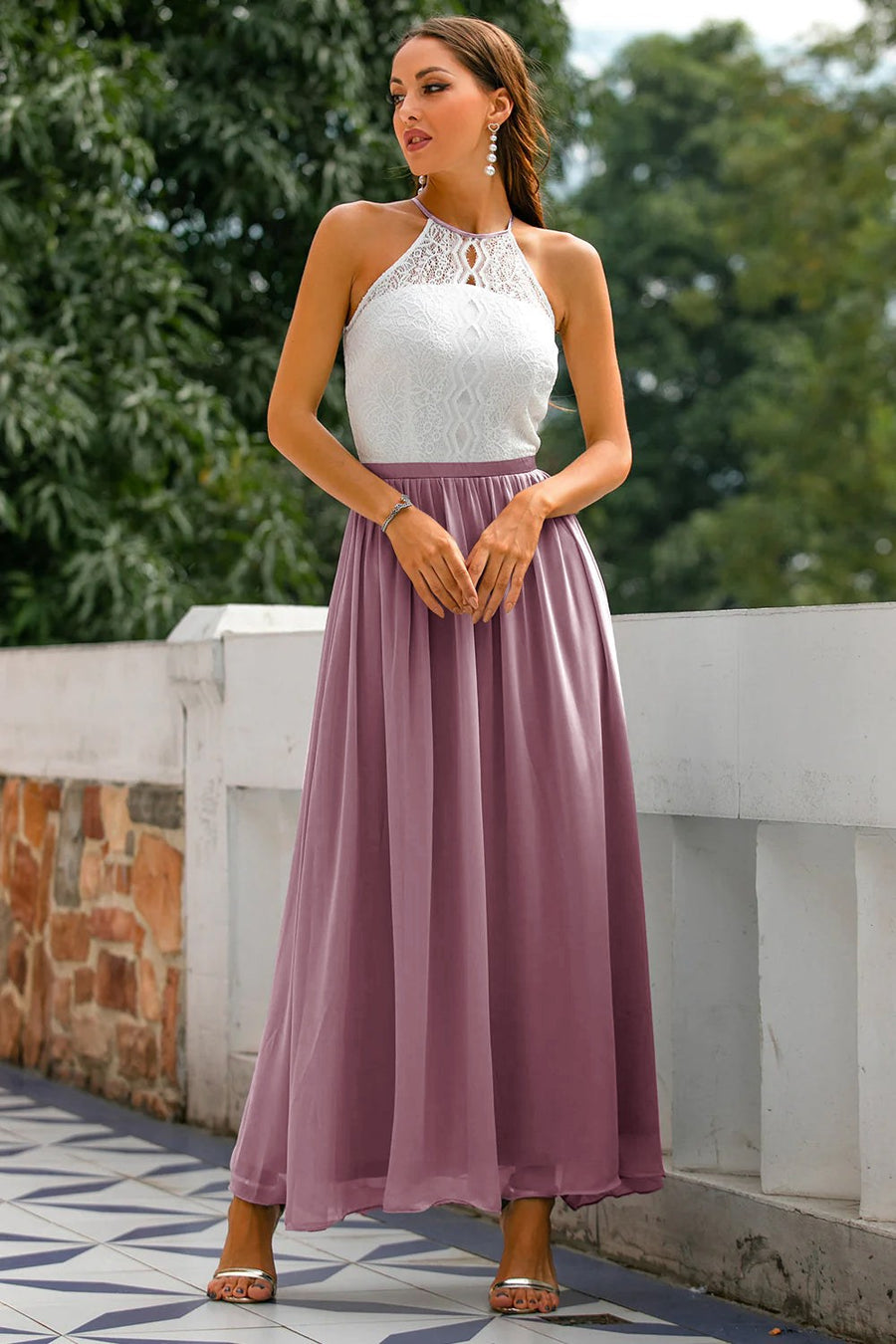 Edeva | Women's Halter Wedding Guest Maxi Dress in Rose gold