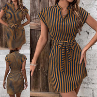 Edith | Women's Waist Belt Striped Short Sleeve Belted Wrap Dress