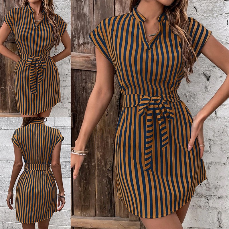 Edith | Women's Waist Belt Striped Short Sleeve Belted Wrap Dress