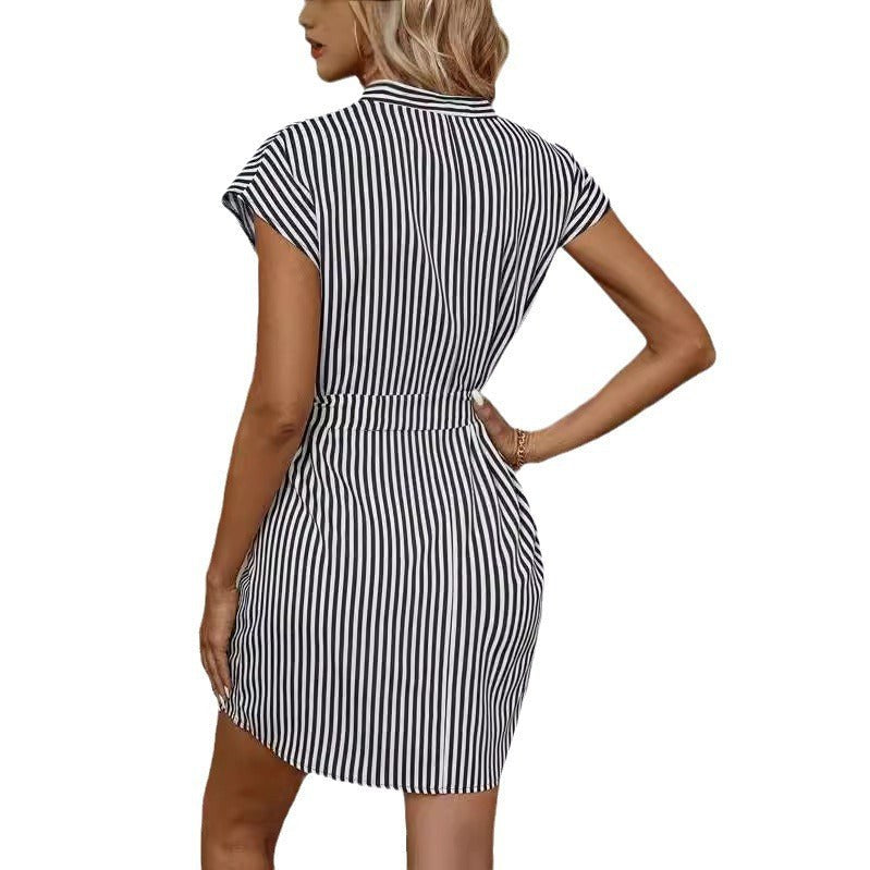 Edith | Women's Waist Belt Striped Short Sleeve Belted Wrap Dress