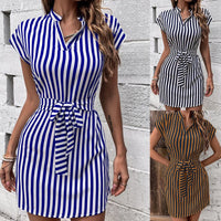 Edith | Women's Waist Belt Striped Short Sleeve Belted Wrap Dress