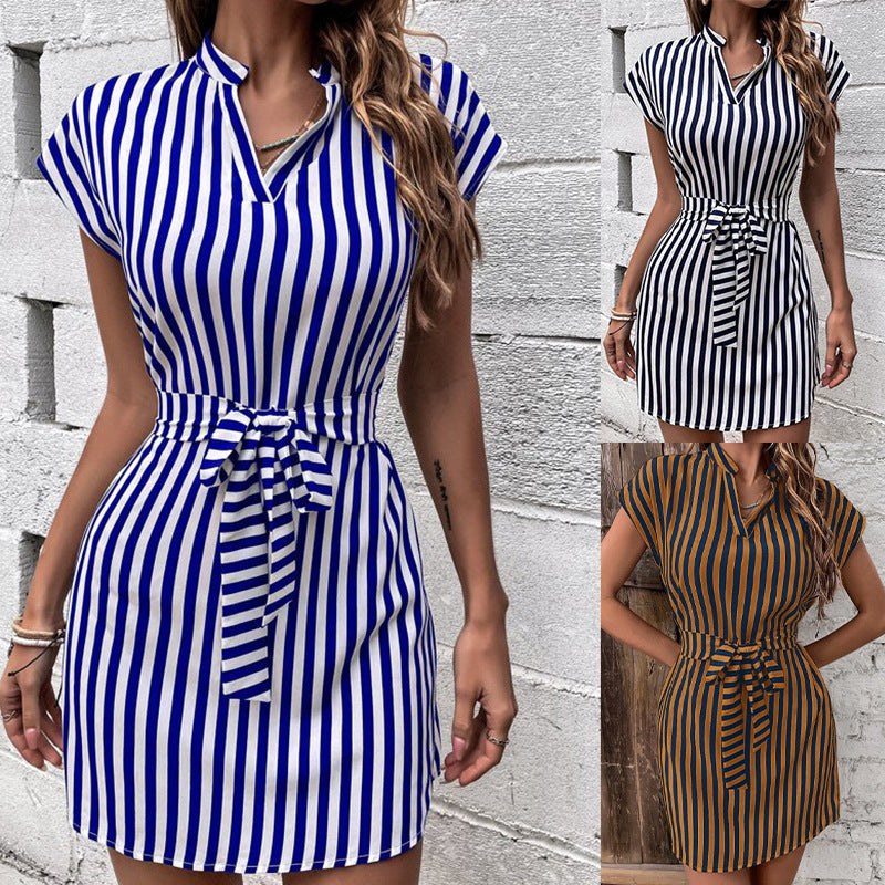 Edith | Women's Waist Belt Striped Short Sleeve Belted Wrap Dress