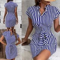 Edith | Women's Waist Belt Striped Short Sleeve Belted Wrap Dress in Blue