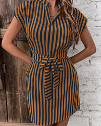 Edith | Women's Waist Belt Striped Short Sleeve Belted Wrap Dress in Dark Brown