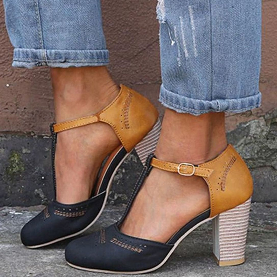 Edith | Women's T-Strap Block Heeled Shoes in Black