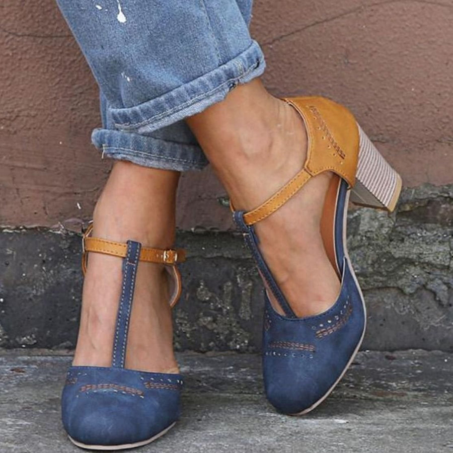 Edith | Women's T-Strap Block Heeled Shoes in Blue