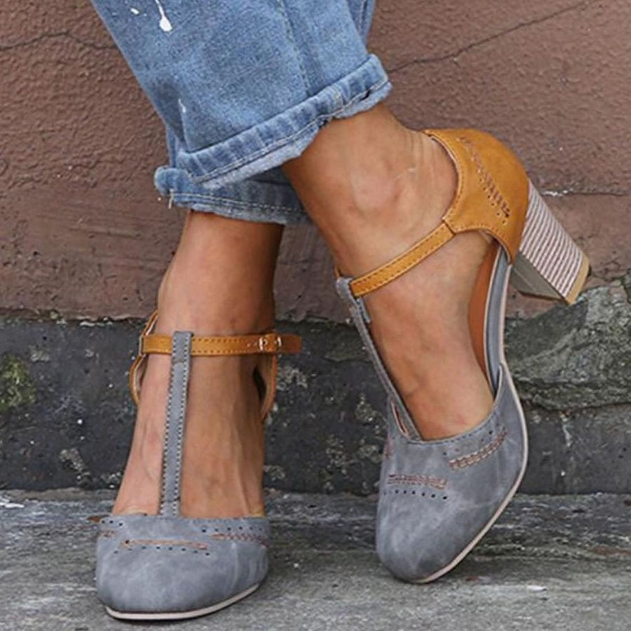 Edith | Women's T-Strap Block Heeled Shoes in Gray