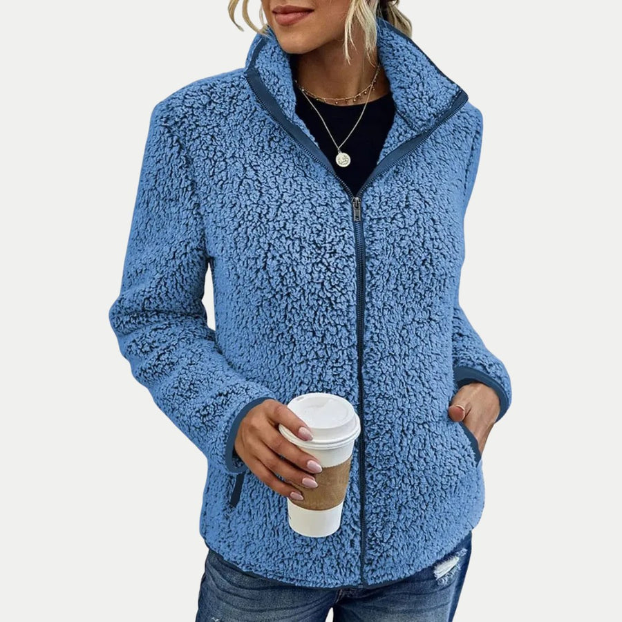 Editha | Women's Textured Surface Pattern Fleece Jacket in Blue
