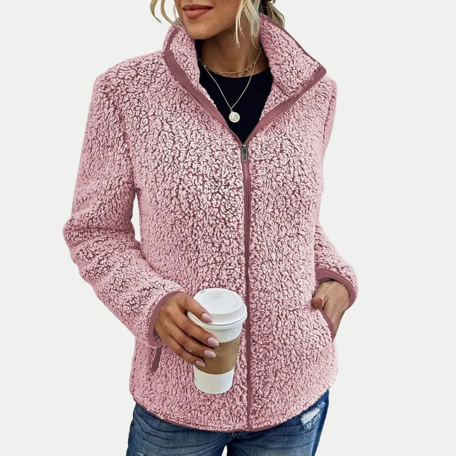 Editha | Women's Textured Surface Pattern Fleece Jacket in Pink