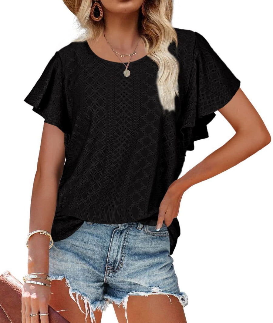 Edwina | Women's Ruffle Detail Short Sleeve Blouse in Black