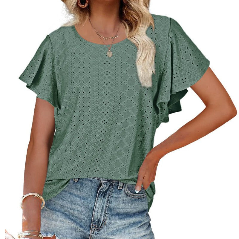 Edwina | Women's Ruffle Detail Short Sleeve Blouse in Green
