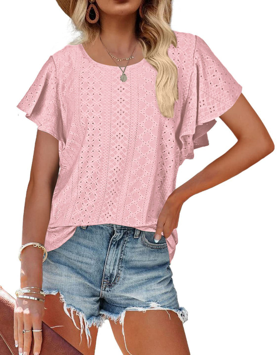 Edwina | Women's Ruffle Detail Short Sleeve Blouse in Pink