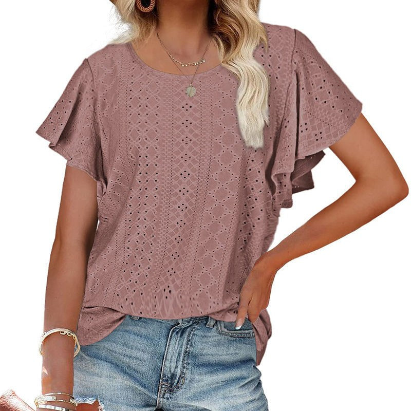 Edwina | Women's Ruffle Detail Short Sleeve Blouse in Rot Brown