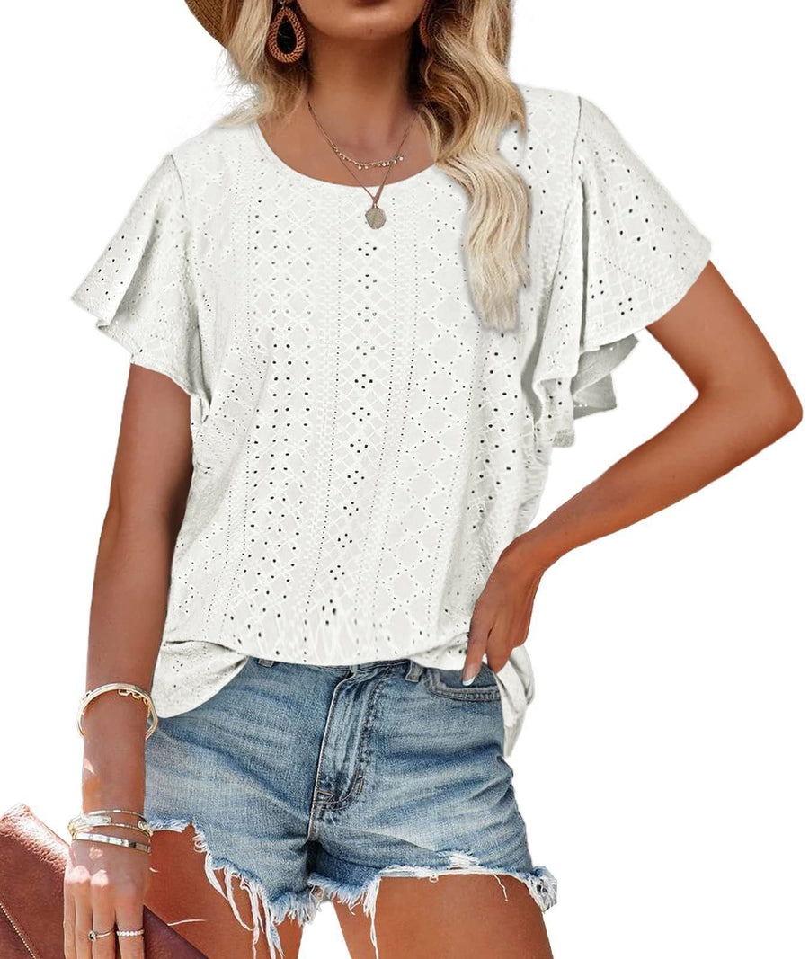 Edwina | Women's Ruffle Detail Short Sleeve Blouse in White