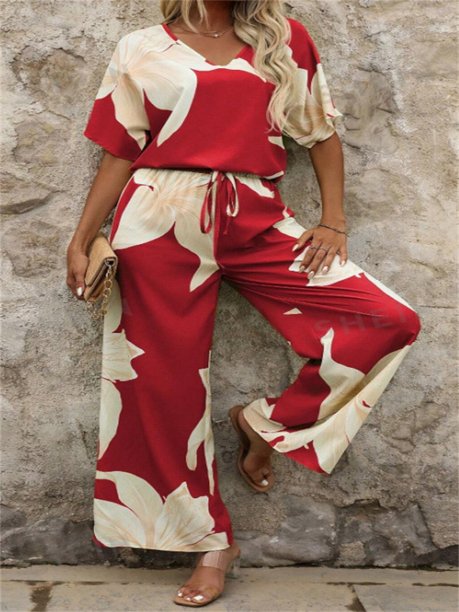 Edwina | Women's Wide Leg Floral Elegant Jumpsuit in Red