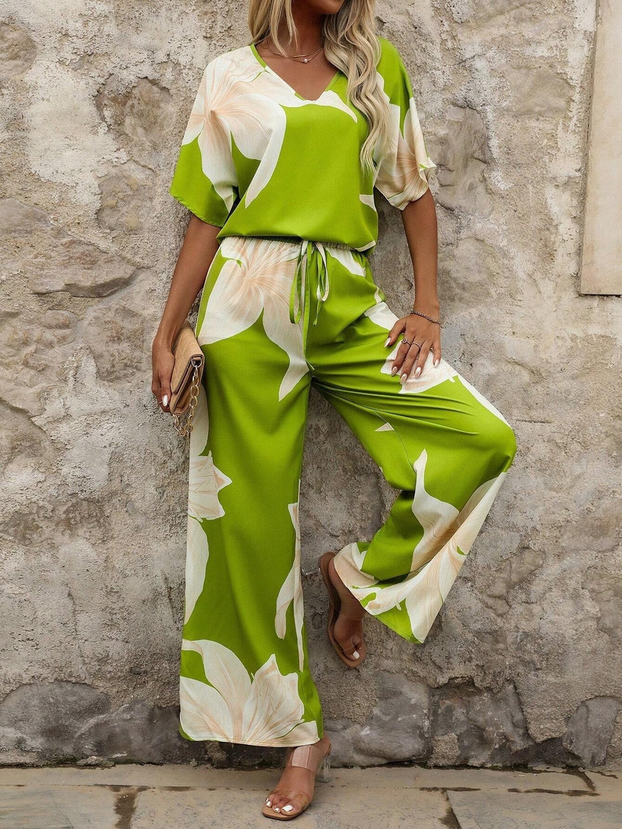 Edwina | Women's Wide Leg Floral Elegant Jumpsuit in Yellow Green