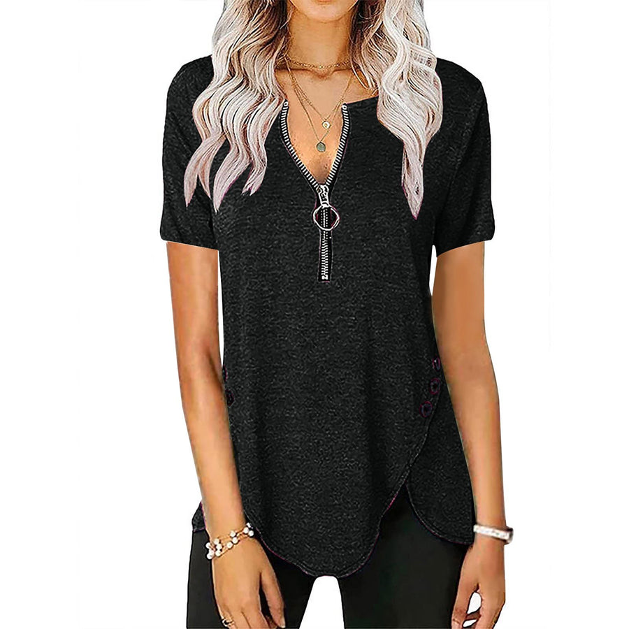 Effie | Women's Zip Asymmetric Short Sleeve Shirt in Black