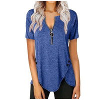 Effie | Women's Zip Asymmetric Short Sleeve Shirt in Blue