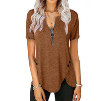 Effie | Women's Zip Asymmetric Short Sleeve Shirt in Brown