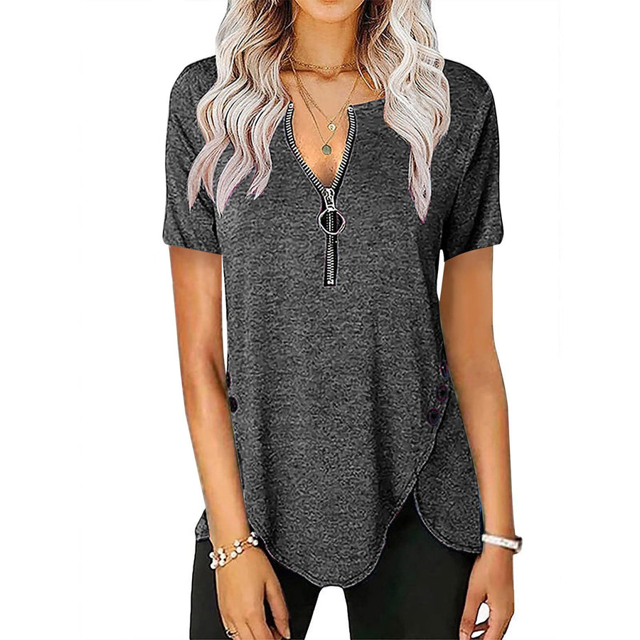 Effie | Women's Zip Asymmetric Short Sleeve Shirt in Gray