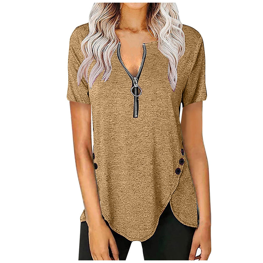 Effie | Women's Zip Asymmetric Short Sleeve Shirt in Khaki