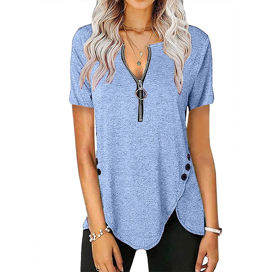 Effie | Women's Zip Asymmetric Short Sleeve Shirt in Sky Blue