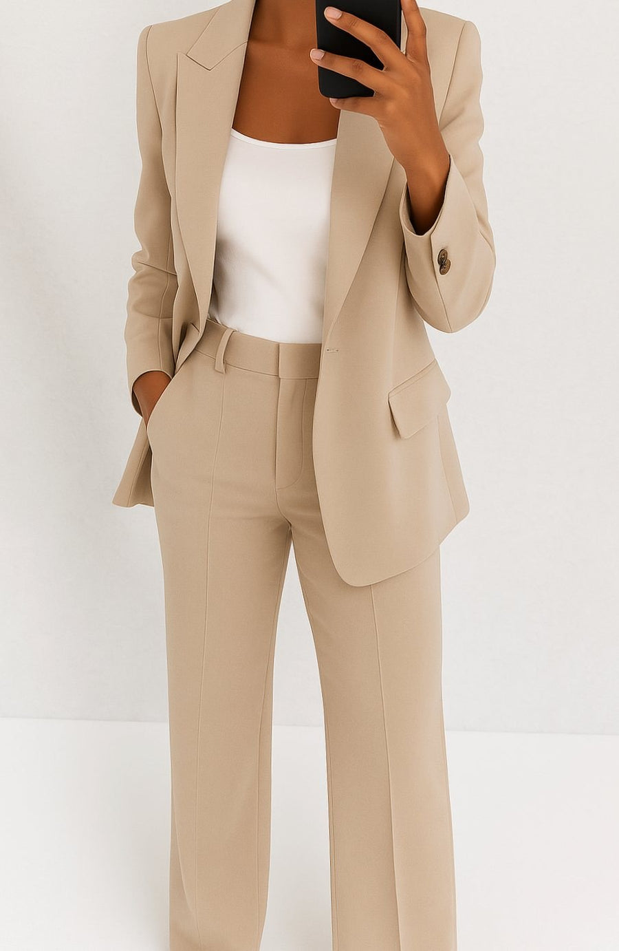 Eileen | Women's Tailored Blazer Straight-Leg Suit Set in Beige