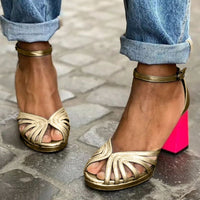Eira | Women's Open Toe Ankle Strap Block Heel Sandals in Gold