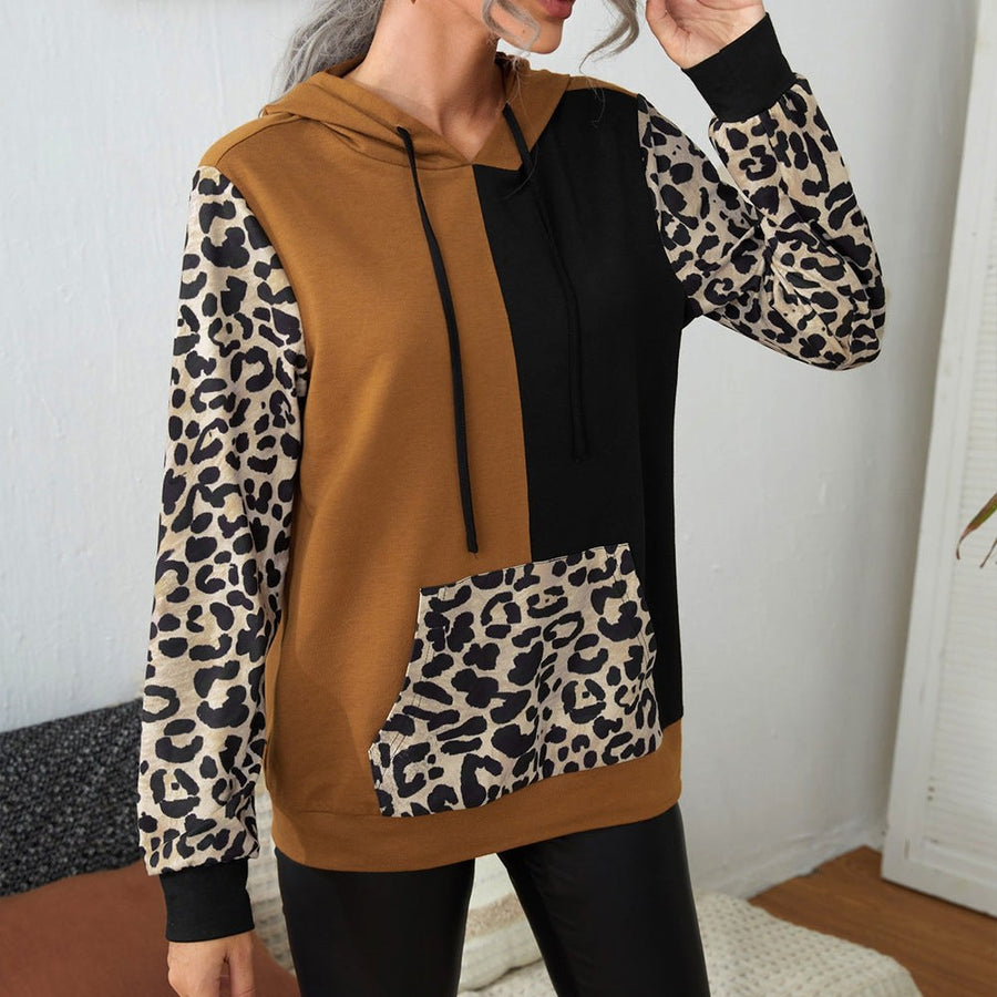 Eithne | Women's Color Block Leopard Print Hooded Hoodie in Ginger