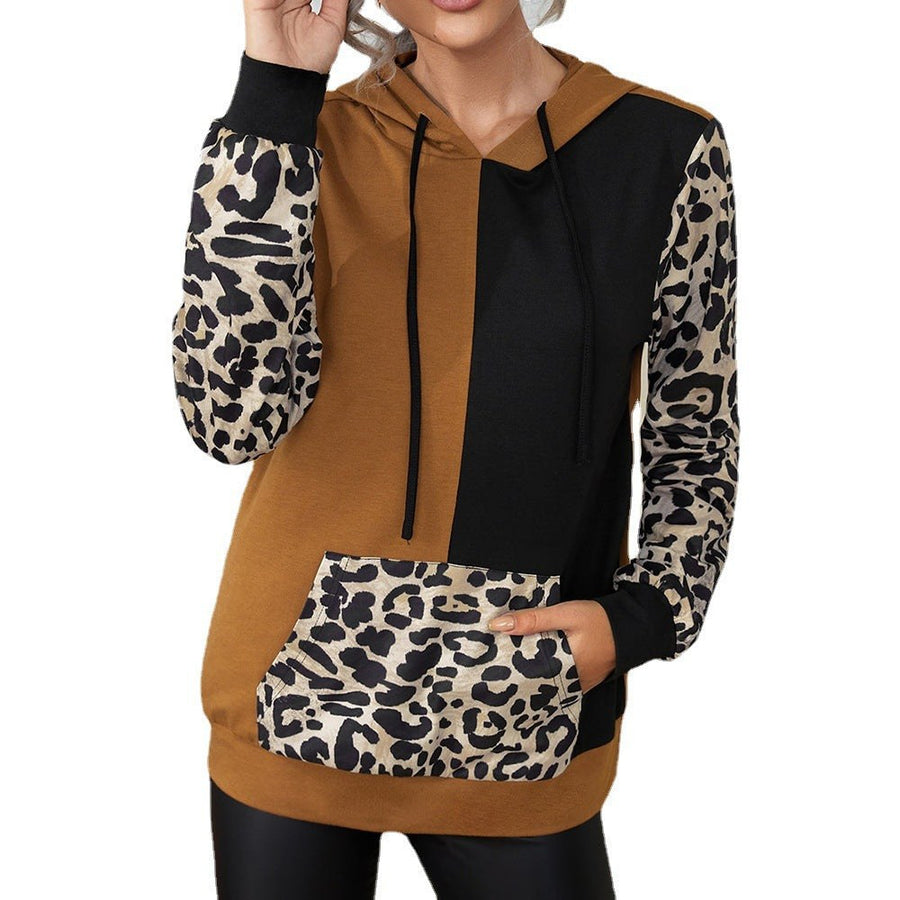 Eithne | Women's Color Block Leopard Print Hooded Hoodie in Ginger