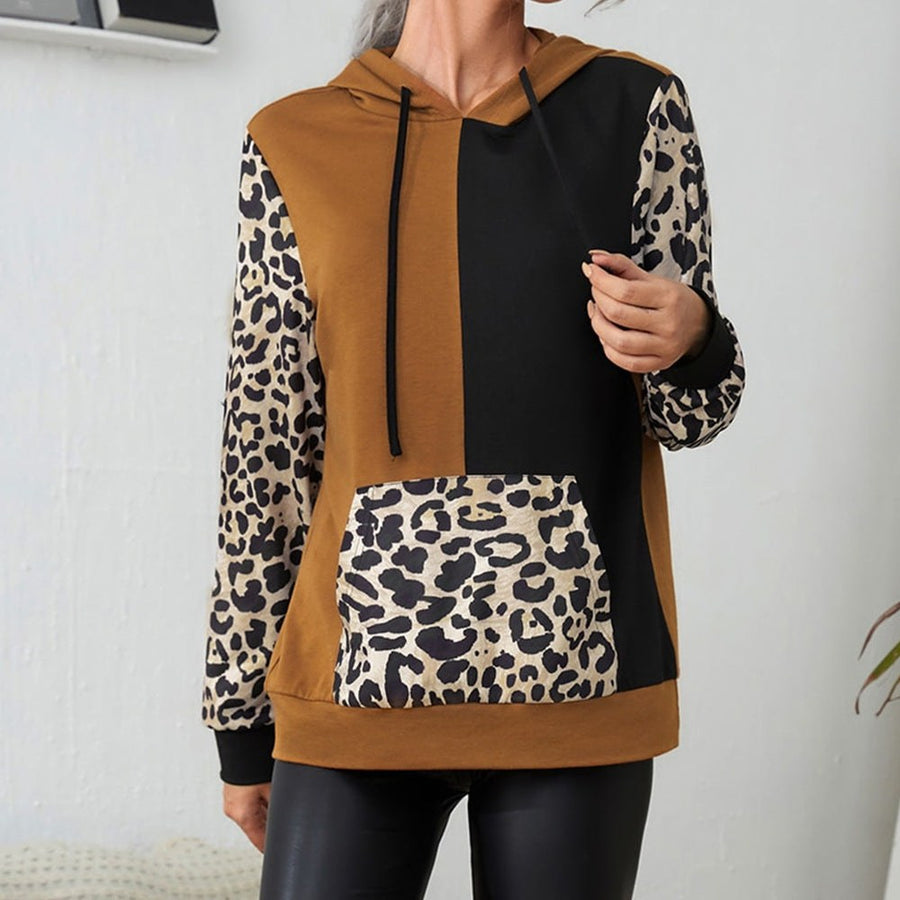 Eithne | Women's Color Block Leopard Print Hooded Hoodie in Ginger