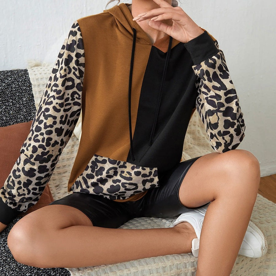 Eithne | Women's Color Block Leopard Print Hooded Hoodie in Ginger