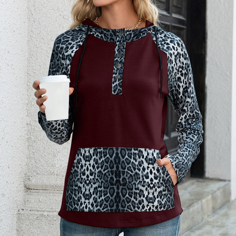 Elanora | Women's Leopard Print Hooded Hoodie in Wine Red
