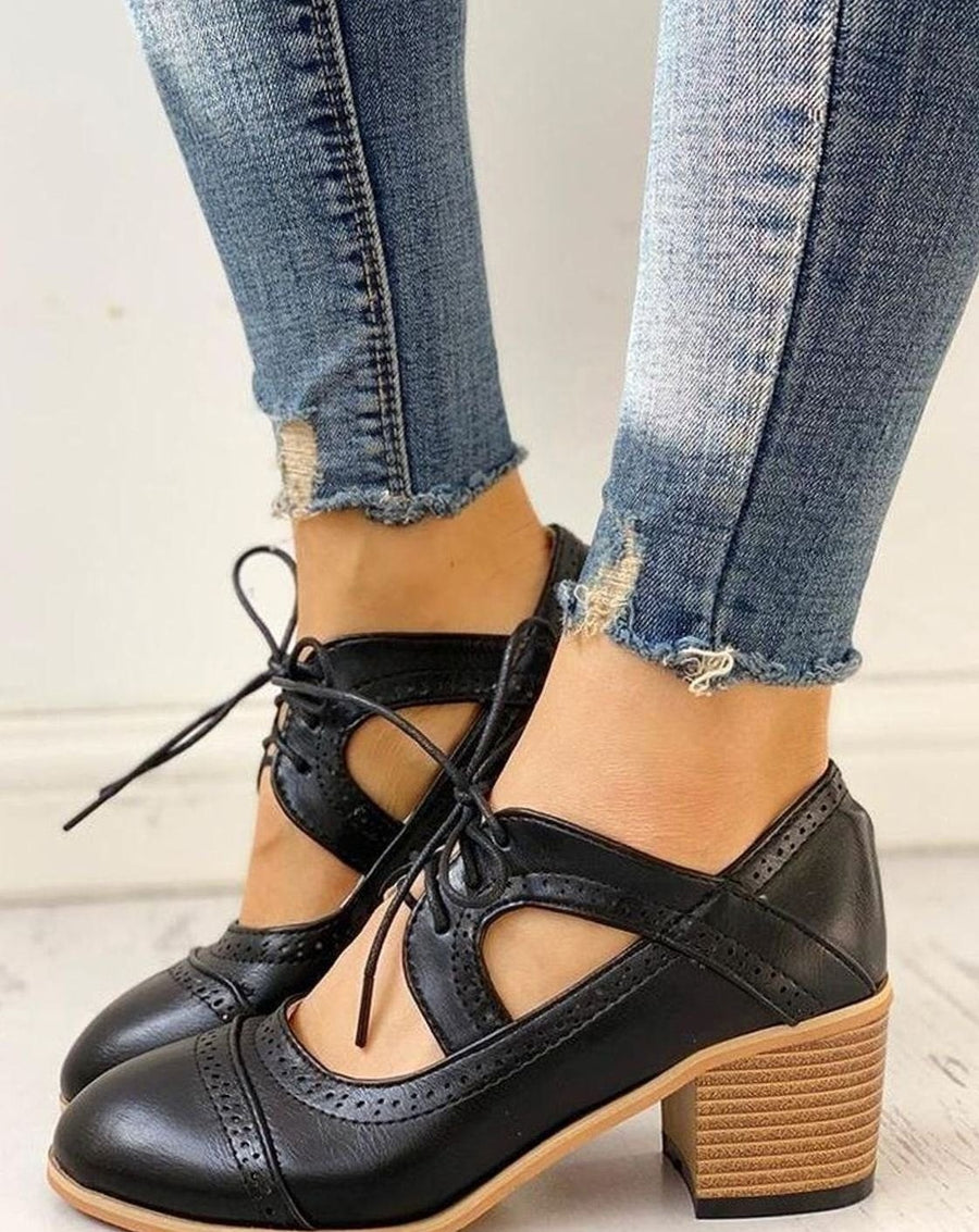 Eleanor | Women's Vintage Lace-Up Block Heel T-Strap Shoes in Black