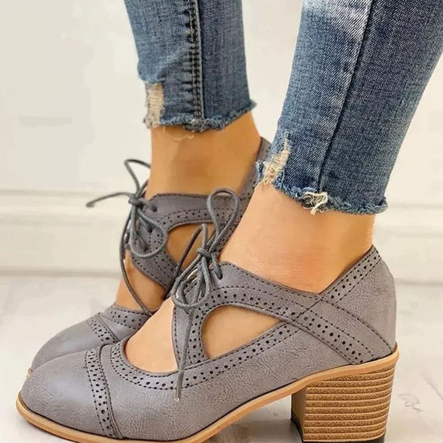 Eleanor | Women's Vintage Lace-Up Block Heel T-Strap Shoes in Gray