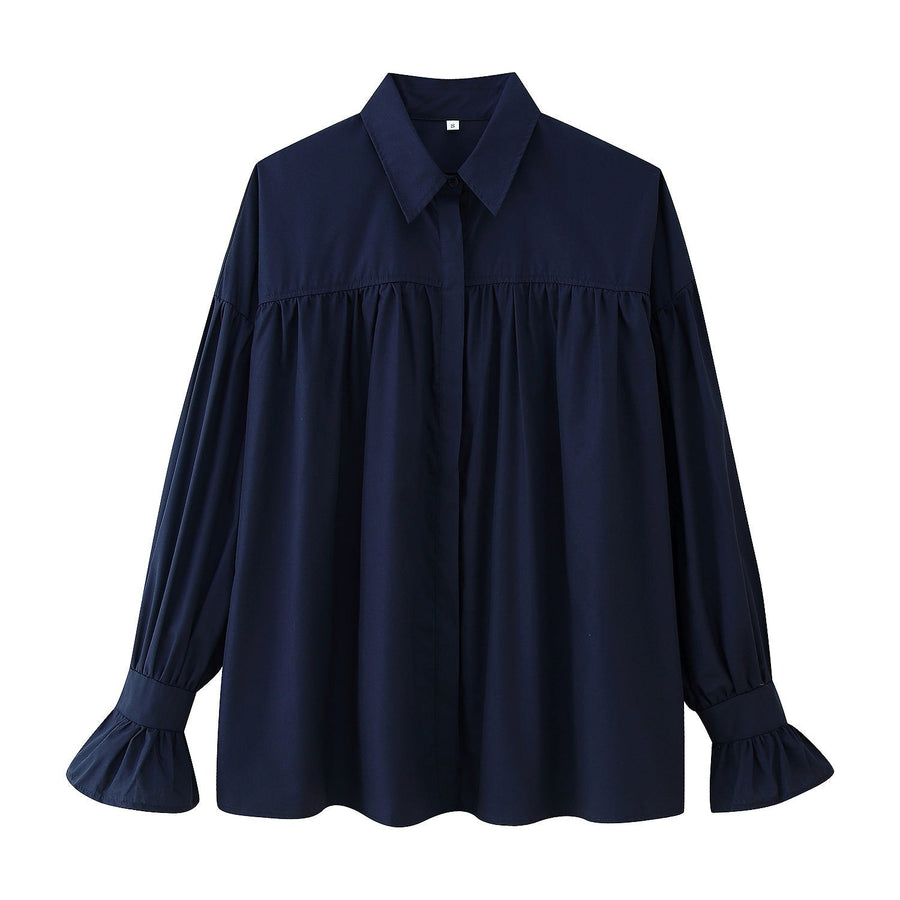 Electra | Women's Ruffle Detail Elegant Blouse in Dark Blue