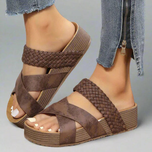 Electra | Women's Open Toe Platform With Cross Straps Sandals in Brown