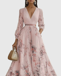 Elestren | Women's Pleated V-Neck Wedding Guest Maxi Dress