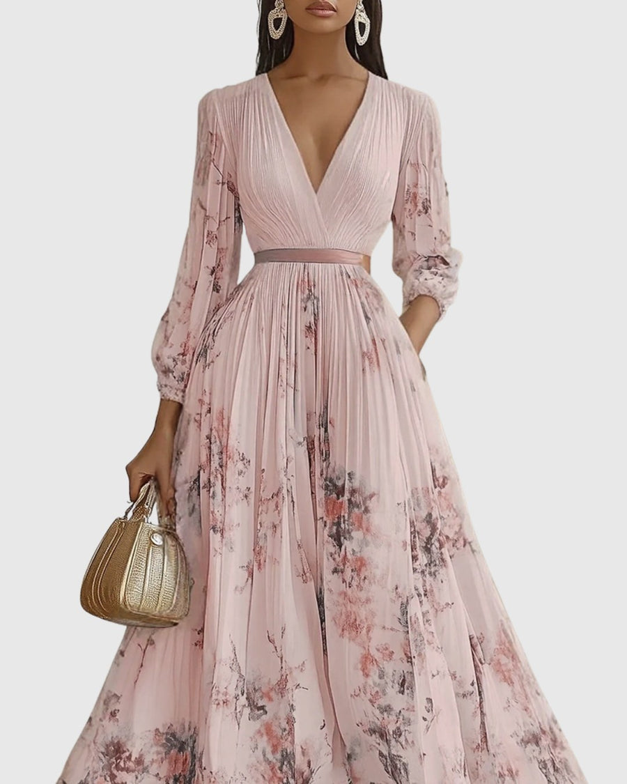 Elestren | Women's Pleated V-Neck Wedding Guest Maxi Dress