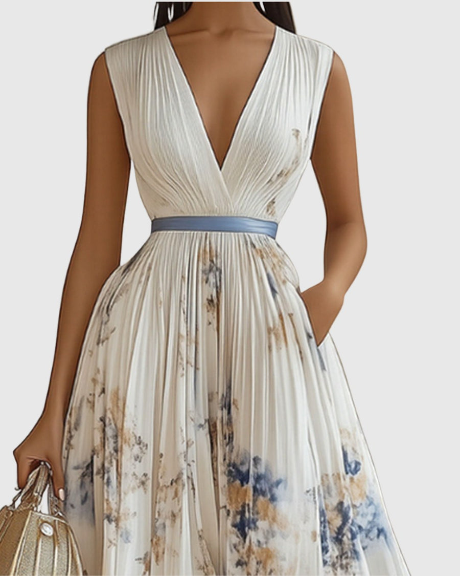 Elestren | Women's Pleated V-Neck Wedding Guest Maxi Dress