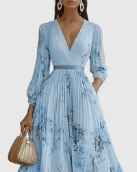 Elestren | Women's Pleated V-Neck Wedding Guest Maxi Dress in Blue