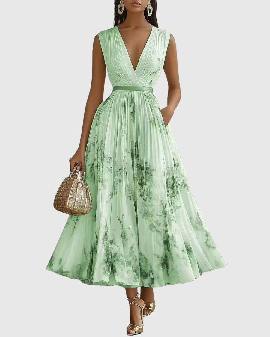 Elestren | Women's Pleated V-Neck Wedding Guest Maxi Dress in Green