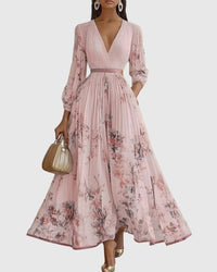 Elestren | Women's Pleated V-Neck Wedding Guest Maxi Dress in Pink