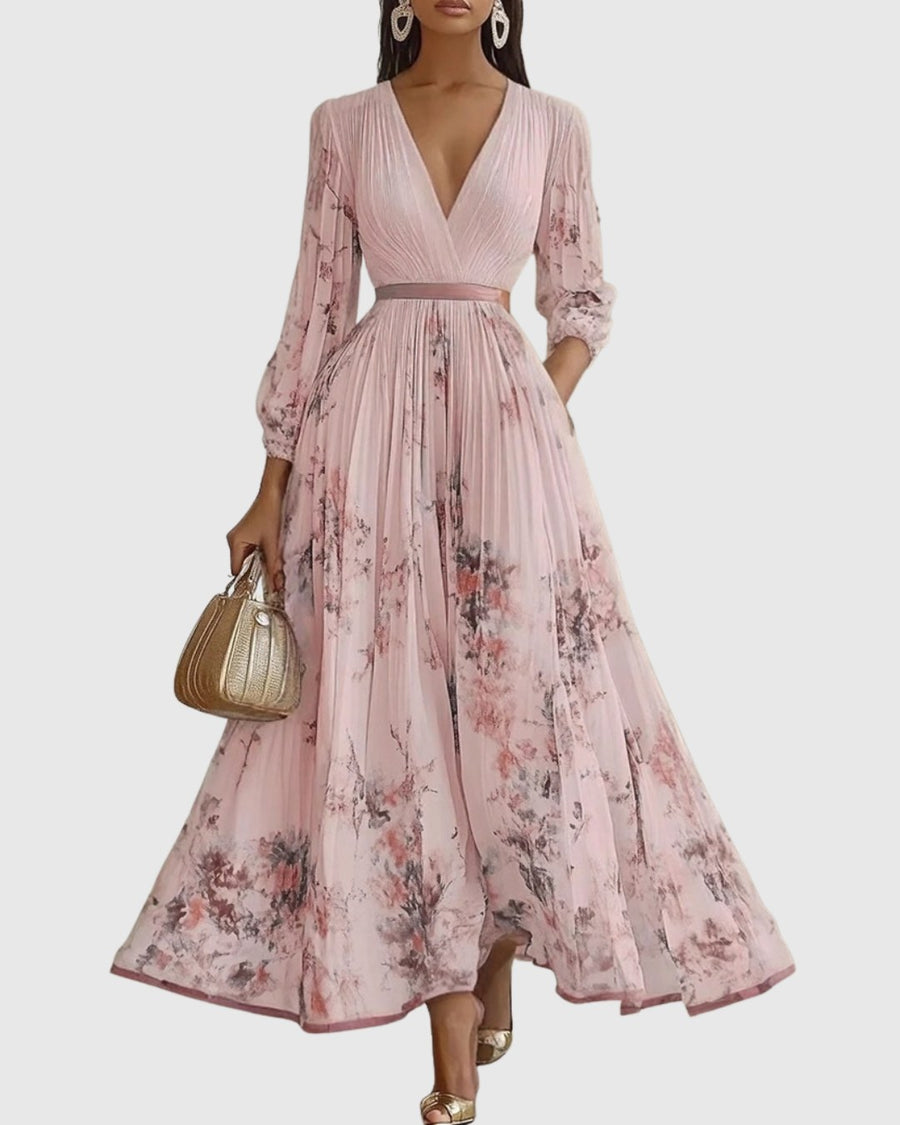 Elestren | Women's Pleated V-Neck Wedding Guest Maxi Dress in Pink
