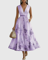 Elestren | Women's Pleated V-Neck Wedding Guest Maxi Dress in Purple
