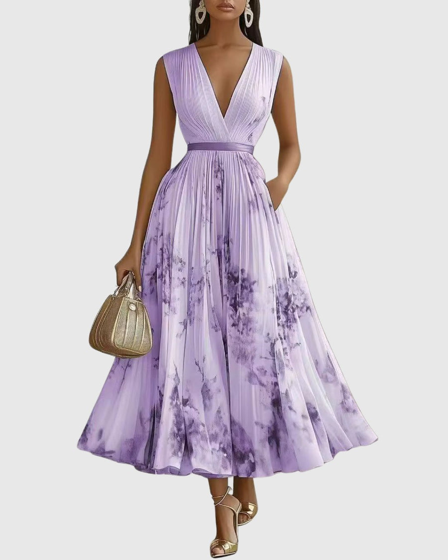 Elestren | Women's Pleated V-Neck Wedding Guest Maxi Dress in Purple