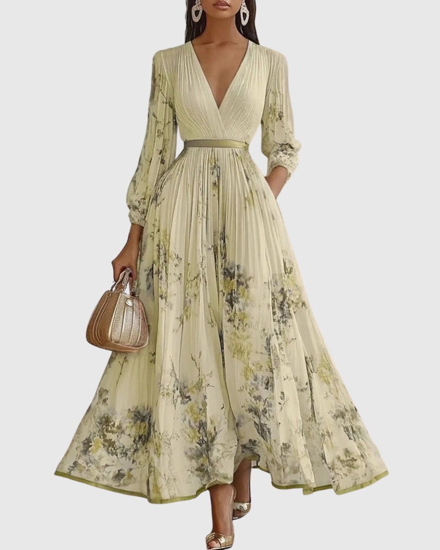 Elestren | Women's Pleated V-Neck Wedding Guest Maxi Dress in Yellow