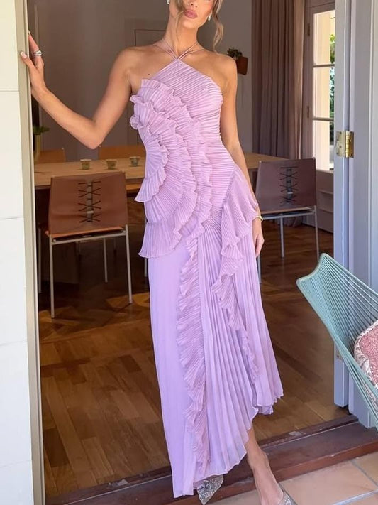 Eliora | Women's Sleeveless Pleated Asymmetric Wedding Guest Maxi Dress